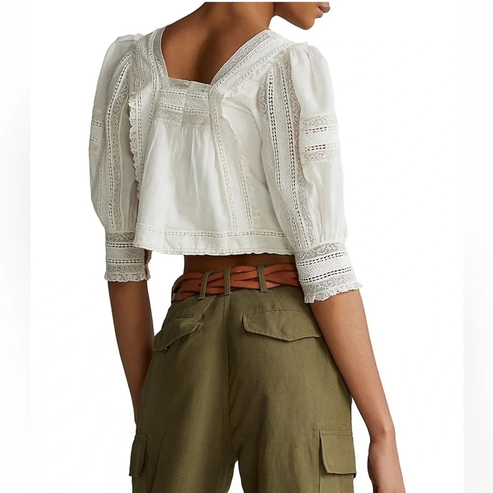 Polo Ralph Lauren Blouse Womens Cream White Lace Cotton Voile Bohemian Cropped - Picture 2 of 14